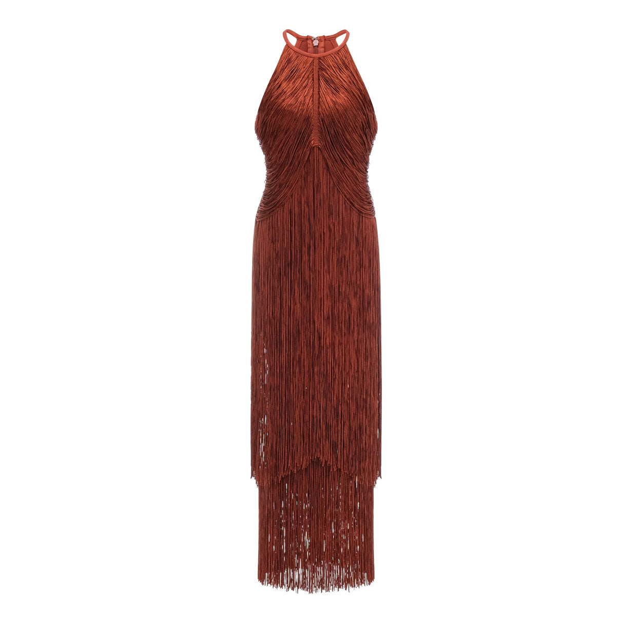 Aurohaya Mélisande Rusty Red Halterneck Fringed Maxi Gown