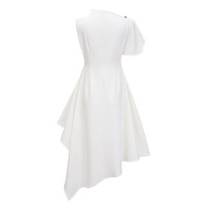 Aurohaya Liana White Asymmetrical Flared Midi Dress