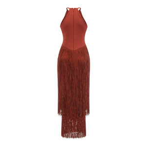 Aurohaya Mélisande Rusty Red Halterneck Fringed Maxi Gown