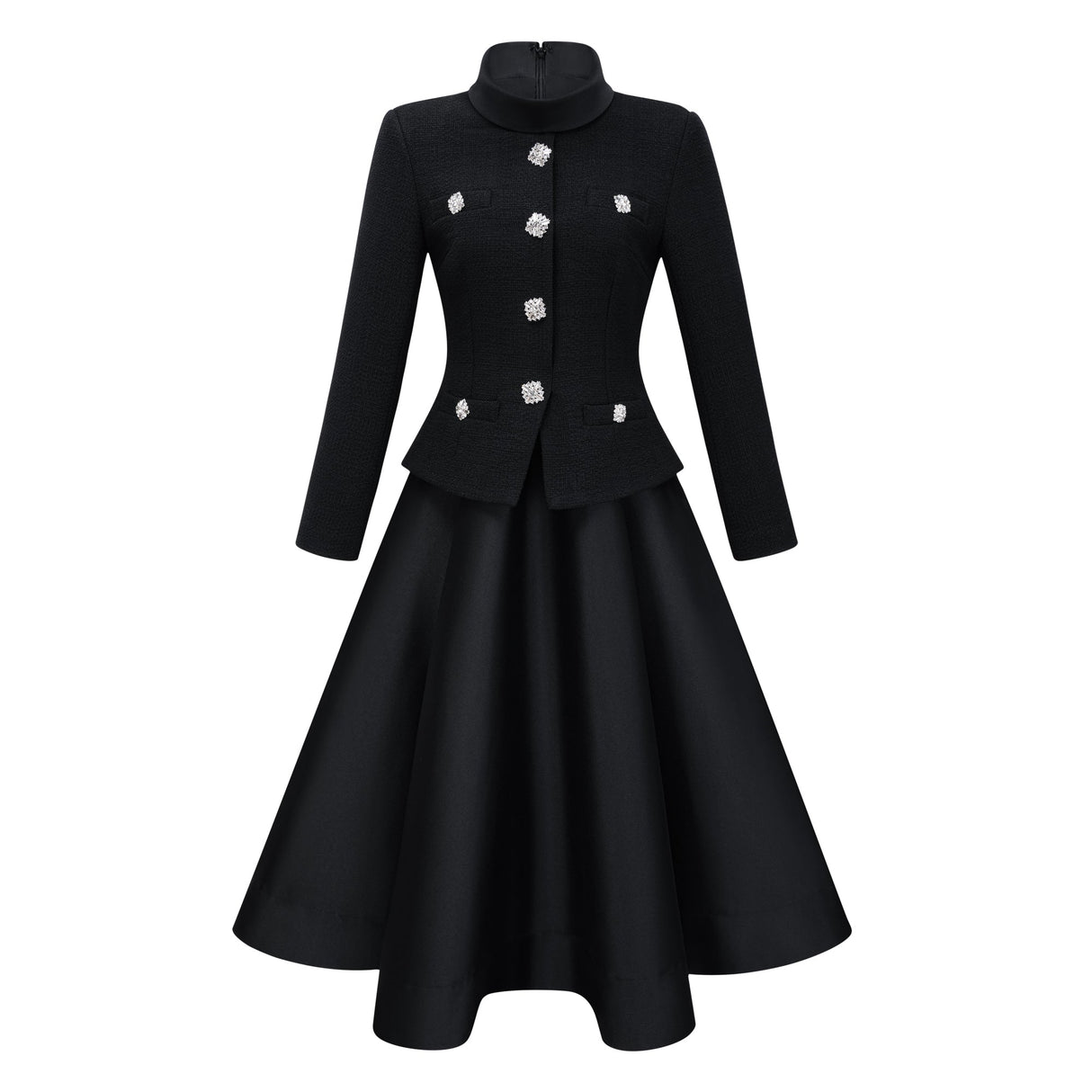 Aurohaya Lorelei Black High Neck Tweed Midi Dress
