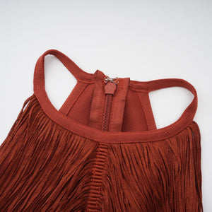 Aurohaya Mélisande Rusty Red Halterneck Fringed Maxi Gown