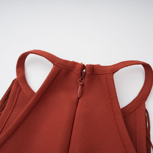 Aurohaya Mélisande Rusty Red Halterneck Fringed Maxi Gown