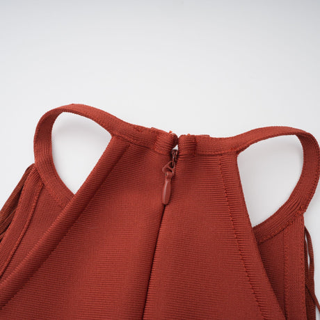 Aurohaya Mélisande Rusty Red Halterneck Fringed Maxi Gown
