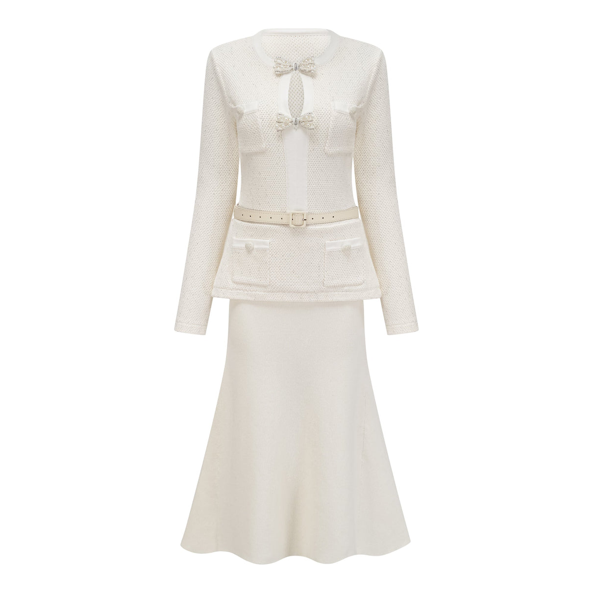Aurohaya Adélade White Embellished Knit Midi Dress