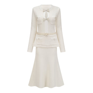 Aurohaya Adélade White Embellished Knit Midi Dress