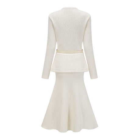 Aurohaya Adélade White Embellished Knit Midi Dress