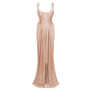 Aurohaya Nicoletta Gold Glossy Pleated Corset Maxi Dress