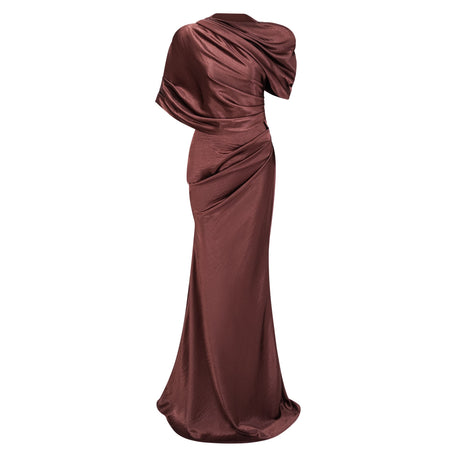 Aurohaya Luisa Brown Asymmetrical Gathered Satin Maxi Dress