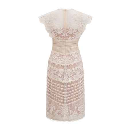 Aurohaya Fleur floral-embroidered lace midi dress in Neutrals