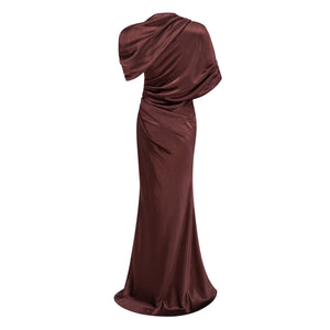 Aurohaya Luisa Brown Asymmetrical Gathered Satin Maxi Dress