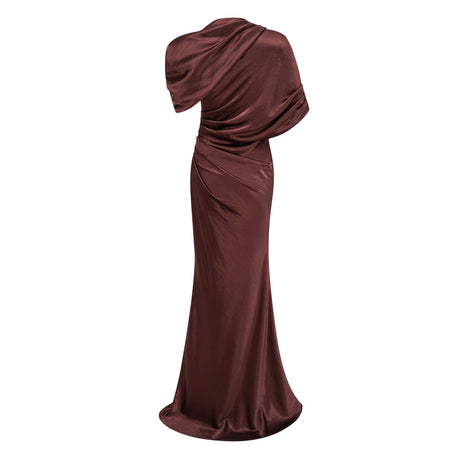 Aurohaya Luisa Brown Asymmetrical Gathered Satin Maxi Dress