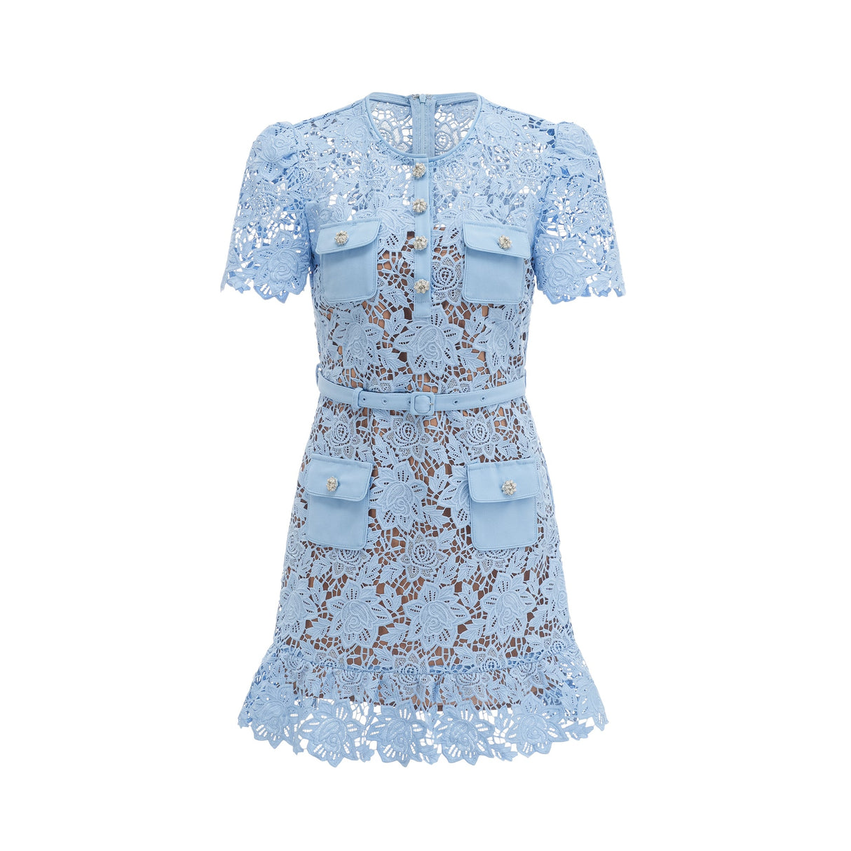 Aurohaya Ariane blue floral-appliqué ruffled lace mini dress