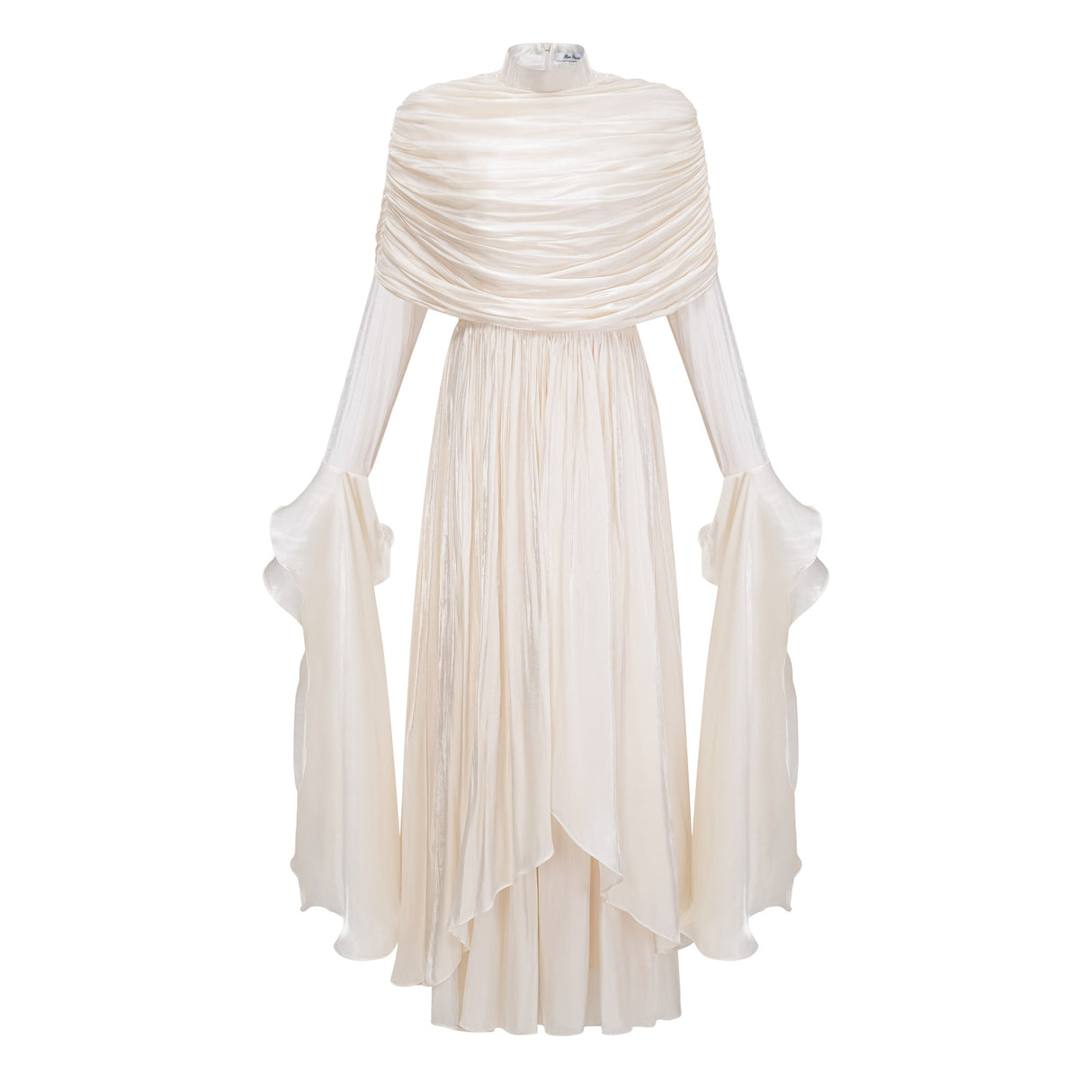 Aurohaya Gustave Neutral Ruched Cape Ruffled Maxi Dress