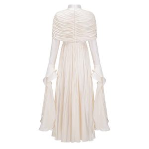 Aurohaya Gustave Neutral Ruched Cape Ruffled Maxi Dress