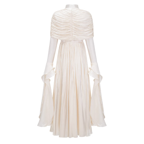 Aurohaya Gustave Neutral Ruched Cape Ruffled Maxi Dress