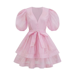 Aurohaya Florence pink floral-embroidered layered mini dress