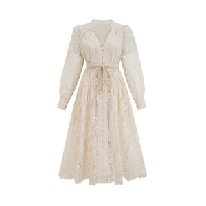 Aurohaya Roxane neutrals lace-embroidered midi dress