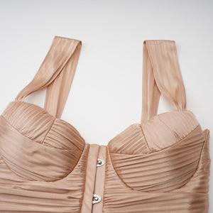 Aurohaya Nicoletta Gold Glossy Pleated Corset Maxi Dress