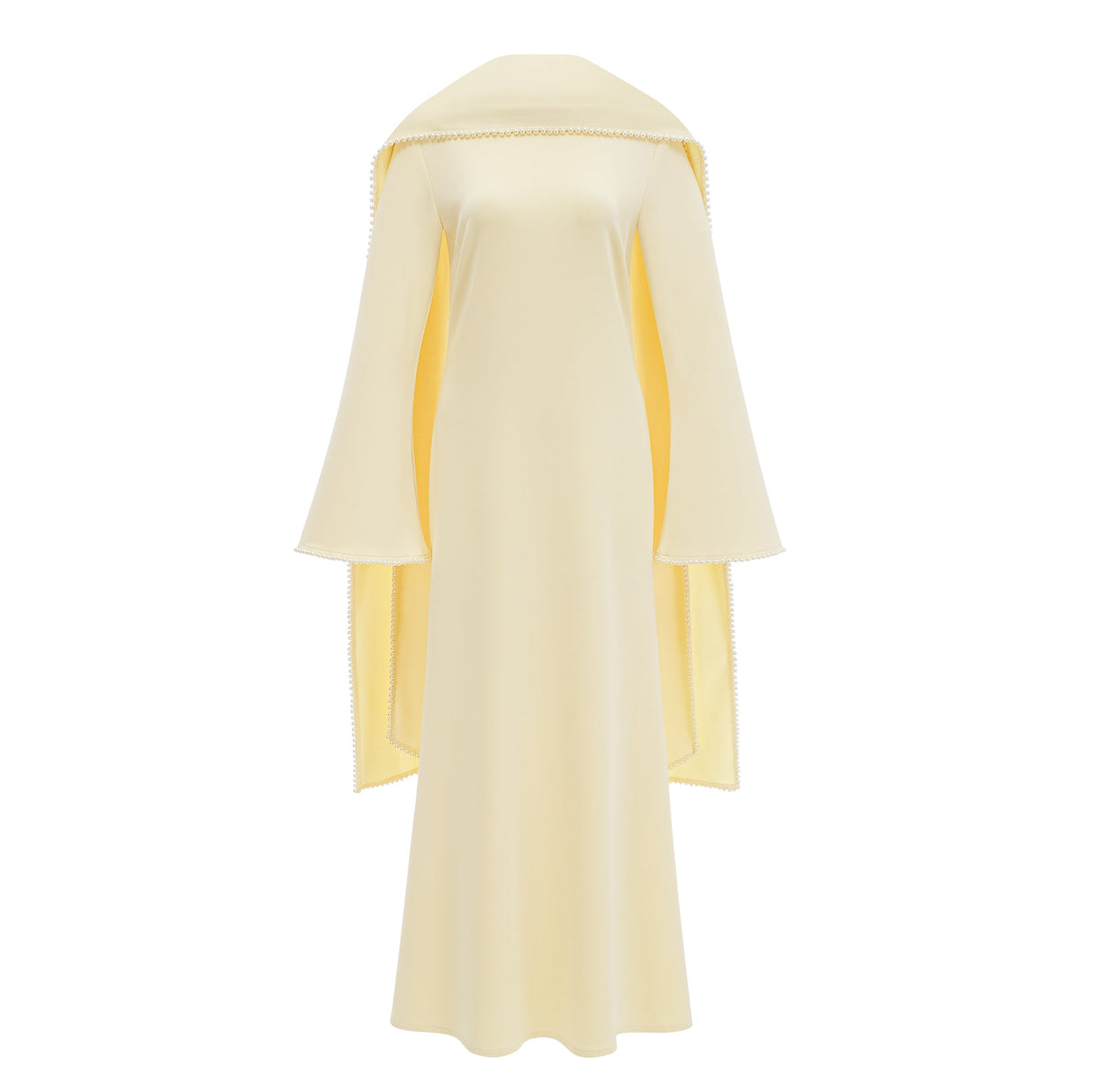 Aurohaya Piroska Yellow Pearl Trim Shawl Detail Maxi Dress