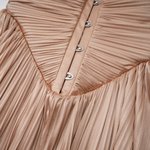 Aurohaya Nicoletta Gold Glossy Pleated Corset Maxi Dress