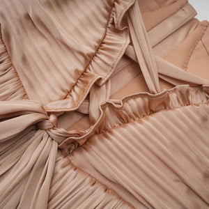 Aurohaya Nicoletta Gold Glossy Pleated Corset Maxi Dress