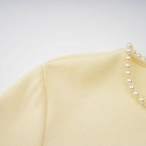 Aurohaya Piroska Yellow Pearl Trim Shawl Detail Maxi Dress