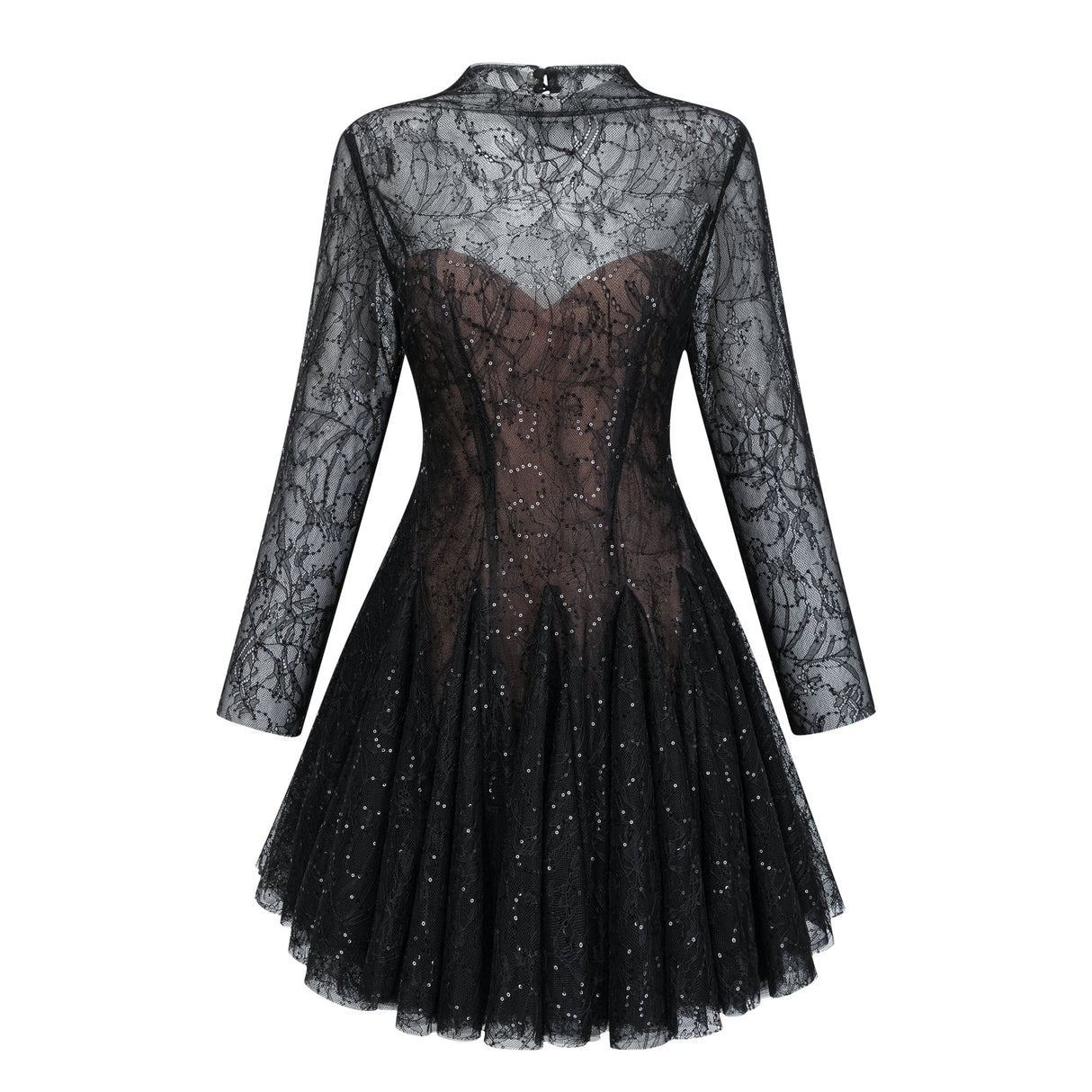 Aurohaya Mirabella Black Sequined Flroal Lace Mini Dress