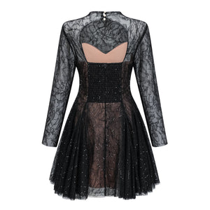 Aurohaya Mirabella Black Sequined Flroal Lace Mini Dress