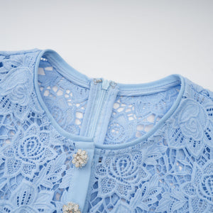 Aurohaya Ariane blue floral-appliqué ruffled lace mini dress