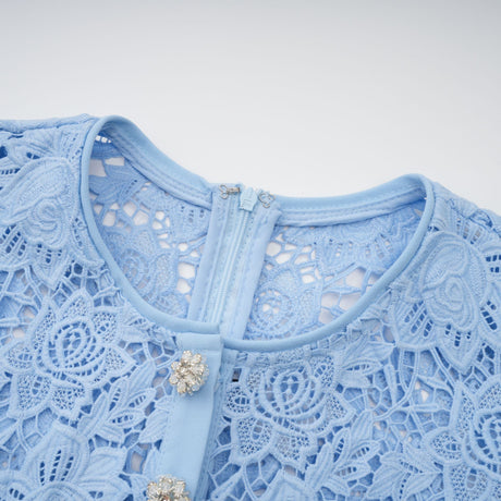 Aurohaya Ariane blue floral-appliqué ruffled lace mini dress