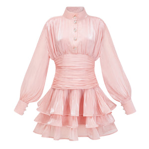Aurohaya Emersyn Pink High-Neck Ruffled Detail Mini Dress