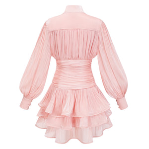 Aurohaya Emersyn Pink High-Neck Ruffled Detail Mini Dress