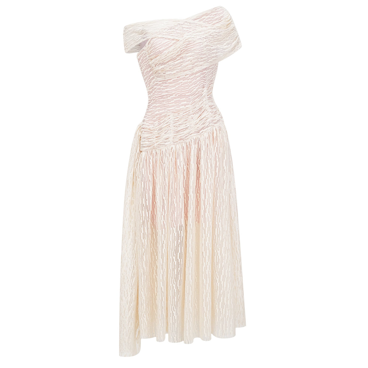 Aurohaya Thale Neutral Asymmetrical Textured Ruched Midi Dress