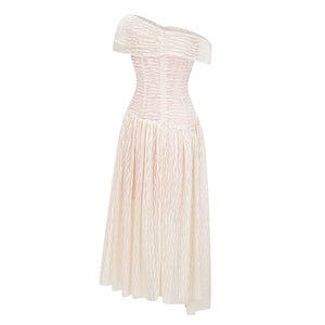Aurohaya Thale Neutral Asymmetrical Textured Ruched Midi Dress