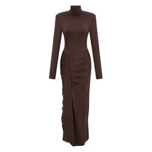 Aurohaya Neve Brown High Neck Twist Knot Maxi Dress