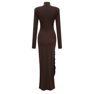 Aurohaya Neve Brown High Neck Twist Knot Maxi Dress