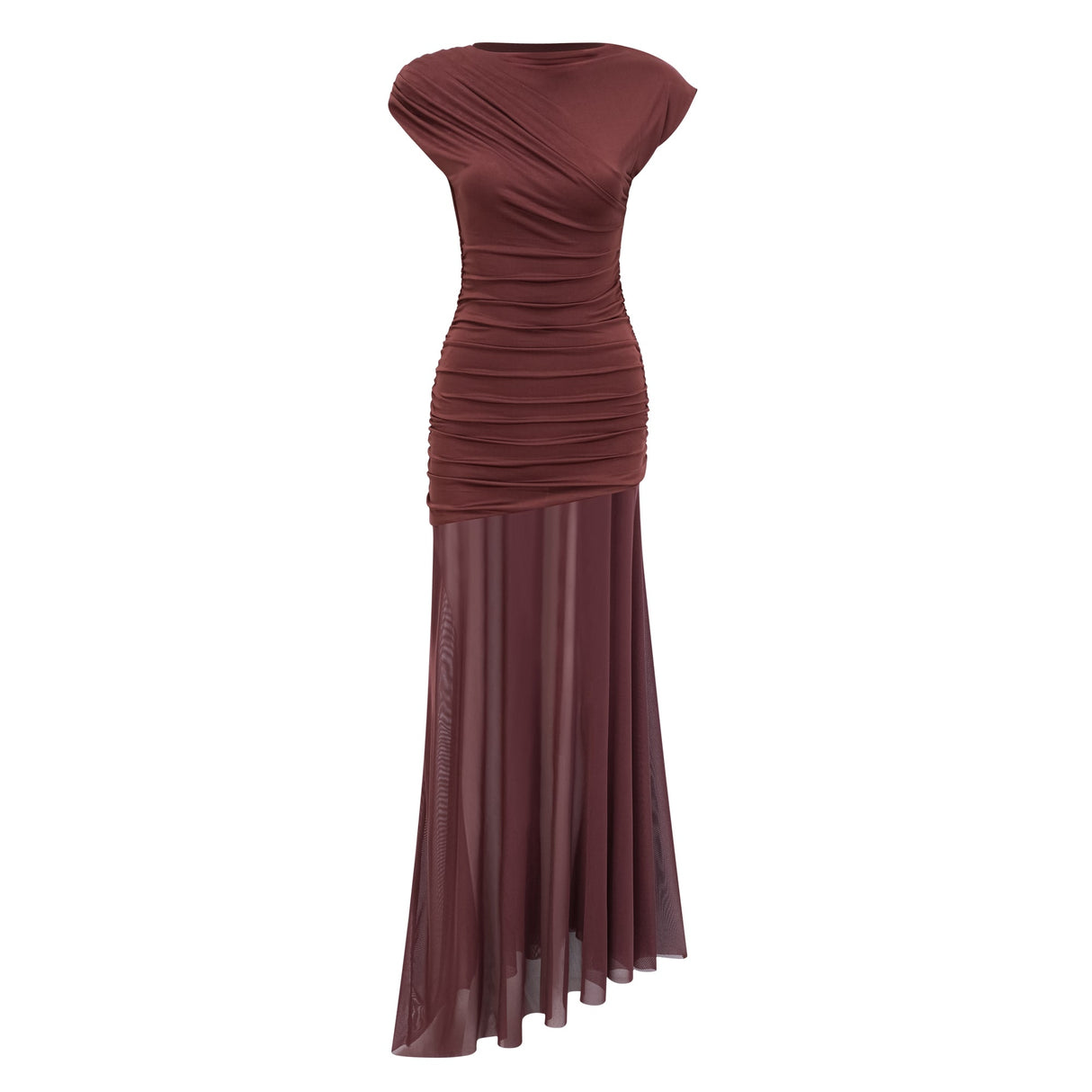 Aurohaya Seren Brown Ruched Tulle Panel Maxi Dress