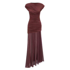 Aurohaya Seren Brown Ruched Tulle Panel Maxi Dress