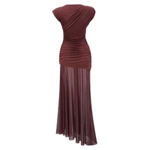 Aurohaya Seren Brown Ruched Tulle Panel Maxi Dress