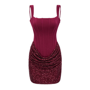 Aurohaya Paulette Red Embellished Ruched Bodycon Mini Dress
