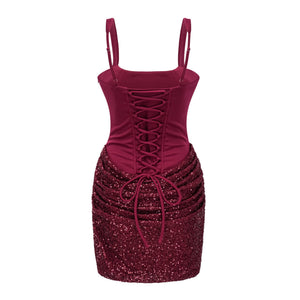 Aurohaya Paulette Red Embellished Ruched Bodycon Mini Dress