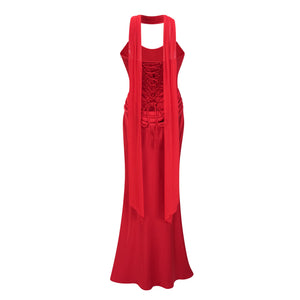 Aurohaya Berit Red Scarf Off Shoulder Ruched Maxi Dress