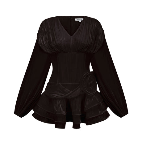 Aurohaya Rosier Black Fully Pleated Cinched Mini Dress