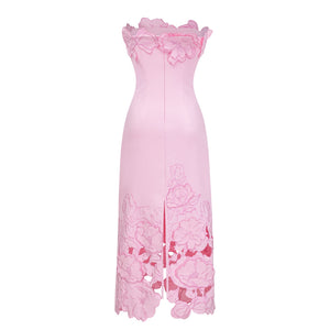 Aurohaya Inga Pink Strapless Floral Embroidered Maxi Dress