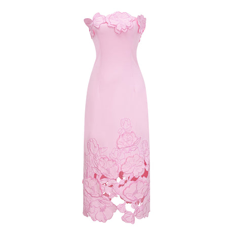 Aurohaya Inga Pink Strapless Floral Embroidered Maxi Dress