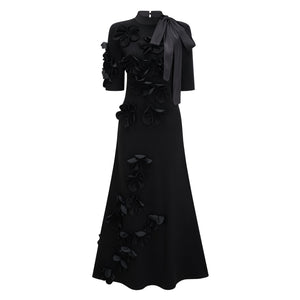 Aurohaya Isidora Black Bowknot Floral Appliqué Maxi Dress