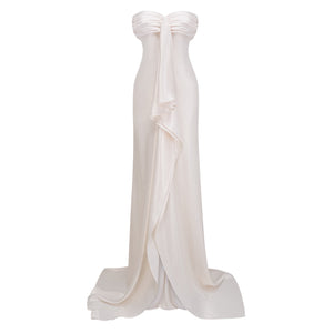 Aurohaya Lilla Beige Strapless Ruffled Satin Maxi Dress