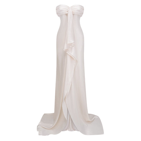 Aurohaya Lilla Beige Strapless Ruffled Satin Maxi Dress