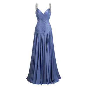 Aurohaya Angelína Blue Diagonal Pleated Gathered Maxi Gown