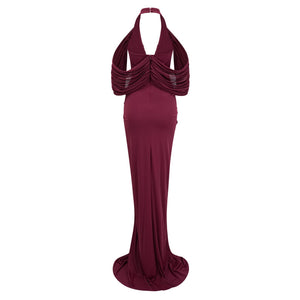 Aurohaya Eléa Red Cold Shoulder Draped Maxi Dress